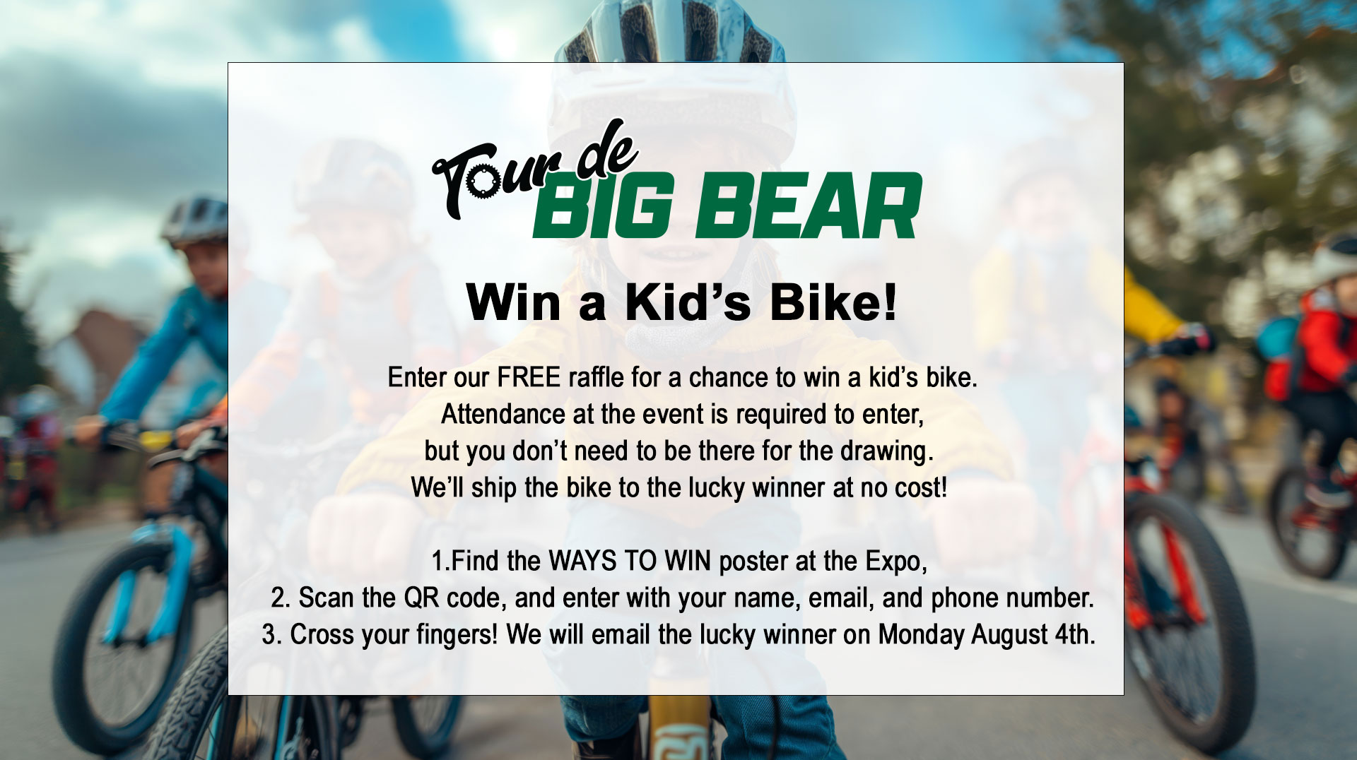 Tour de Big Bear kids bike raffle message